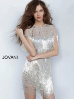 Model wearing Jovani 11999 gray mini dress with sparkling fringe, side front view.