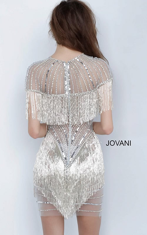 Model wearing Jovani 11999 gray mini dress, back view with fringe and sequins.