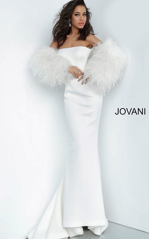 Model wearing Jovani 1226 white gown with feathered sleeves, front view.