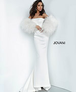 Model wearing Jovani 1226 white mermaid dress with feathered sleeves.
