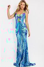 Sparkling fitted dress with silver and blue wave pattern 49376