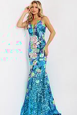 Blue sequin dress with flowers 48637
