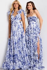 White and blue floral gown with full skirt 49143