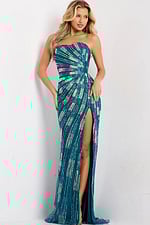 Strapless sequin gown with side slit 49258