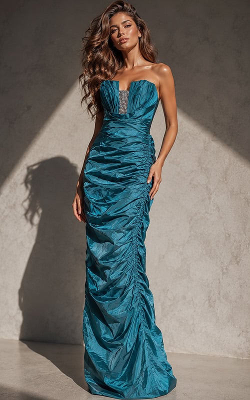 Jovani 159934 Teal Strapless Ruched Taffeta Gown Front View