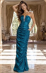 Jovani 159934 Teal Strapless Taffeta Gown Full Length Front