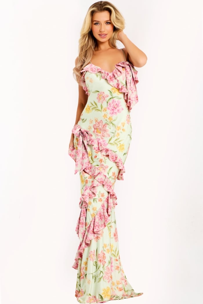 Floral Ruffle Print Prom Dress With Bow Strap