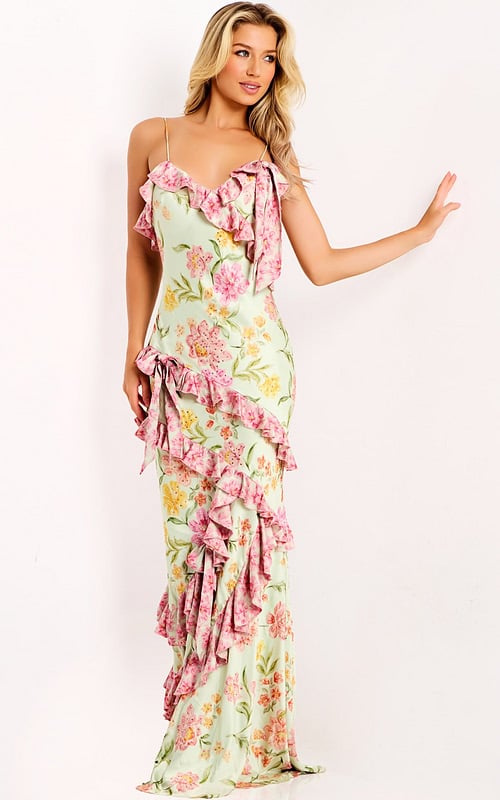 Elegant Floral Prom Dress With Cascading Ruffles