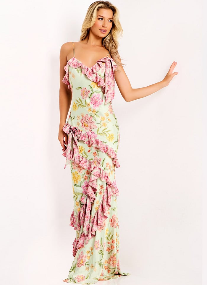 Elegant Floral Prom Dress With Cascading Ruffles