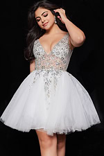close-up of model wearing Jovani 1774 white dress with plunging neckline and embellishments