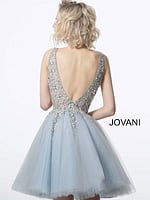 back view of Jovani 1774 blue embellished cocktail dress showing V-back