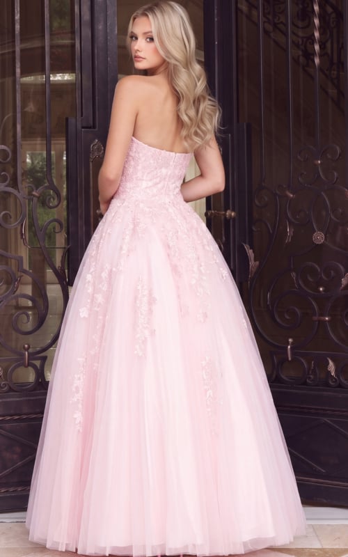 Back view of pink embroidered tulle ball gown showing the lace-up corset back, Jovani style 1831