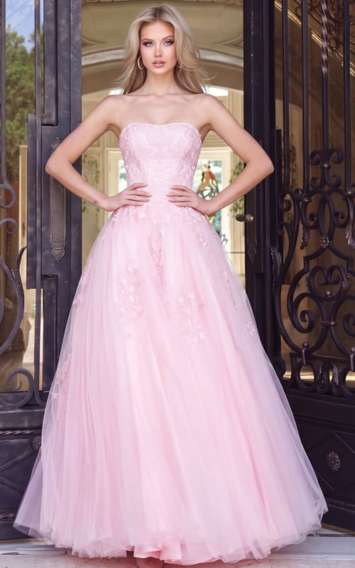 Pink strapless embroidered tulle ball gown with corset bodice and full skirt, Jovani style 1831