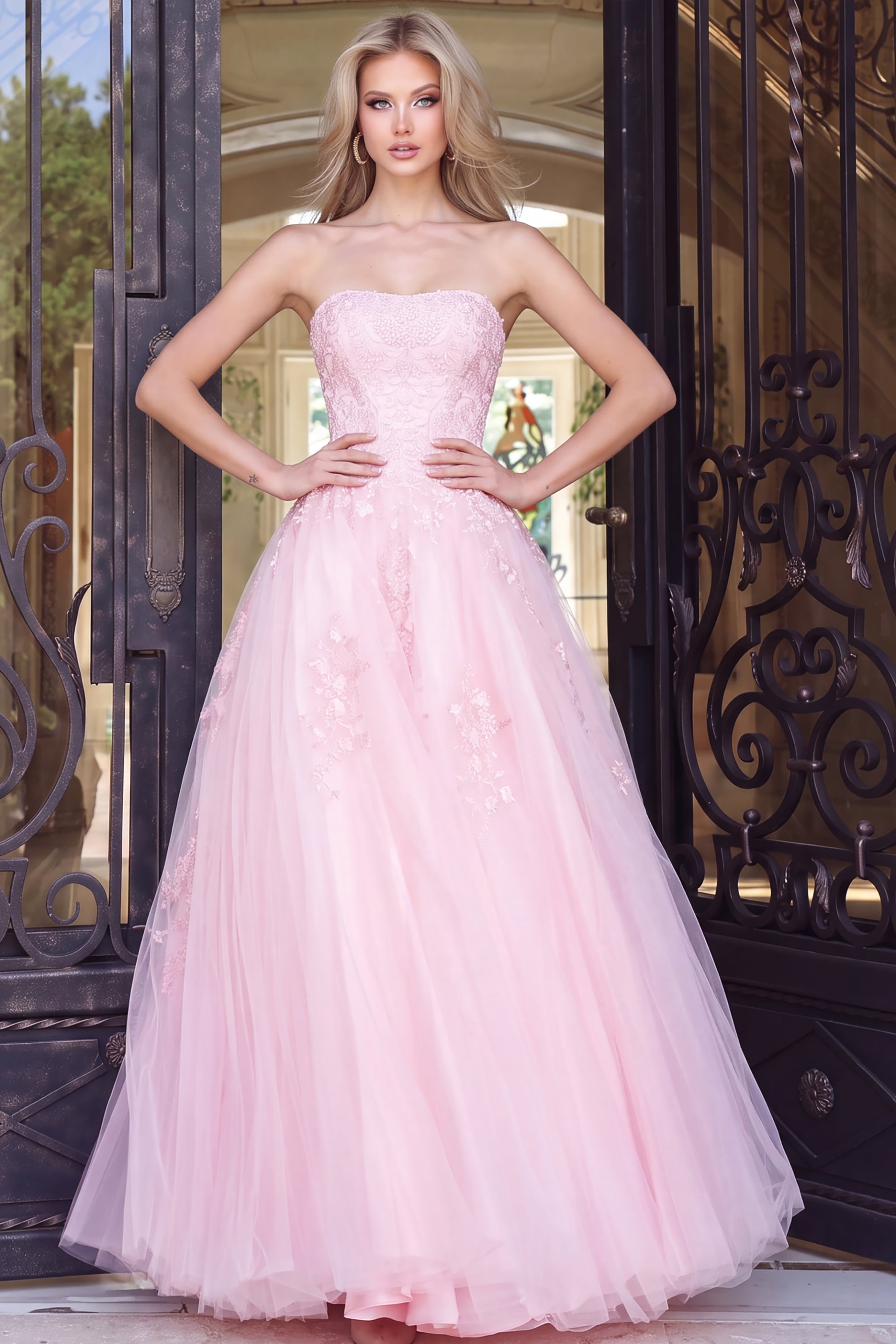 pink strapless embroidered ball gown 1831