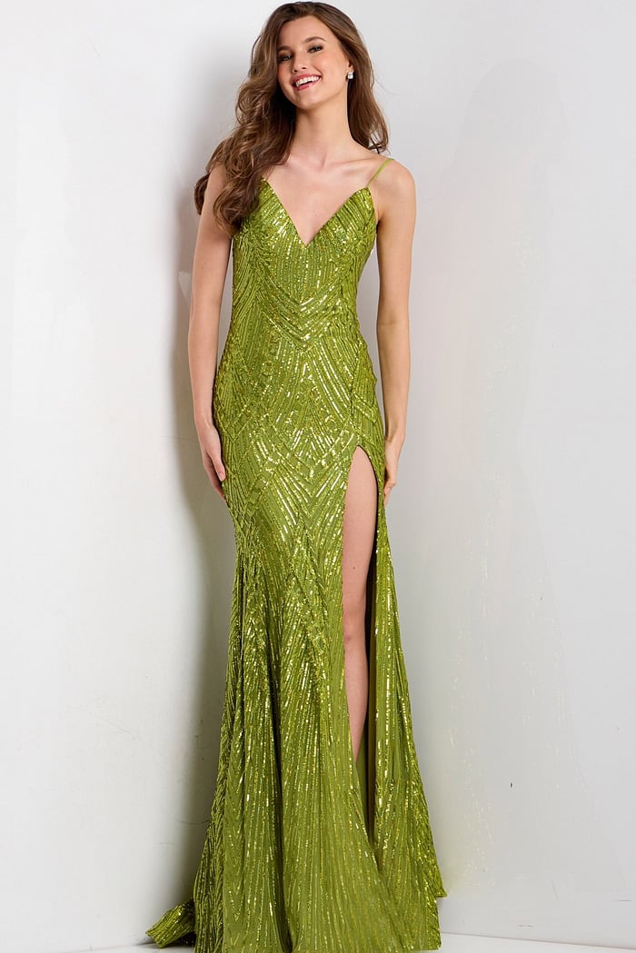 Sequin V Neck Fitted High Slit Prom Gown 40692