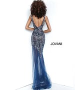 Back view of Jovani 1863 navy dress with deep V-back design.