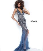 Model wearing Jovani 1863 navy dress with deep V-neckline and high slit.