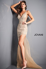 Model wearing Jovani 1863 beige dress with V-neckline and high slit.
