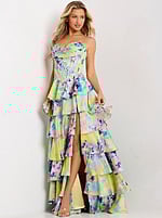 Ruffled Floral Gown With High Slit