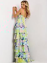 Draped Neck Floral Ruffle Gown