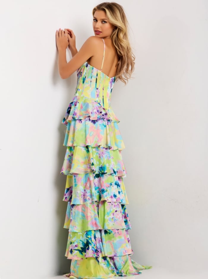 Draped Neck Floral Ruffle Gown