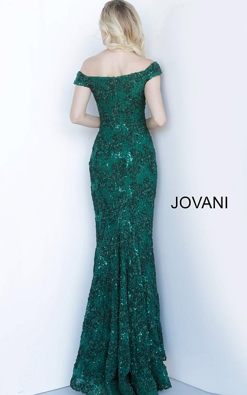 Model wearing Jovani 1910 green dress with off-the-shoulder neckline and mermaid silhouette from the back