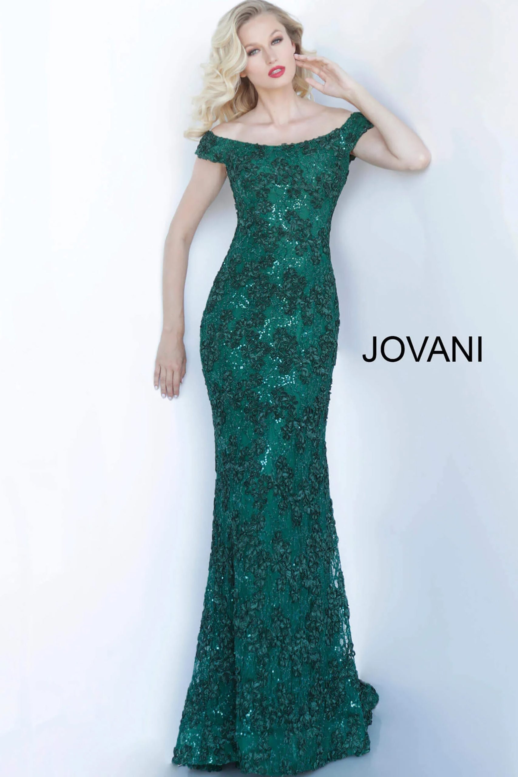 jovani emerald green dress Jovani Sequin Off-the-Shoulder Prom Dress Emerald / 0 main image 0