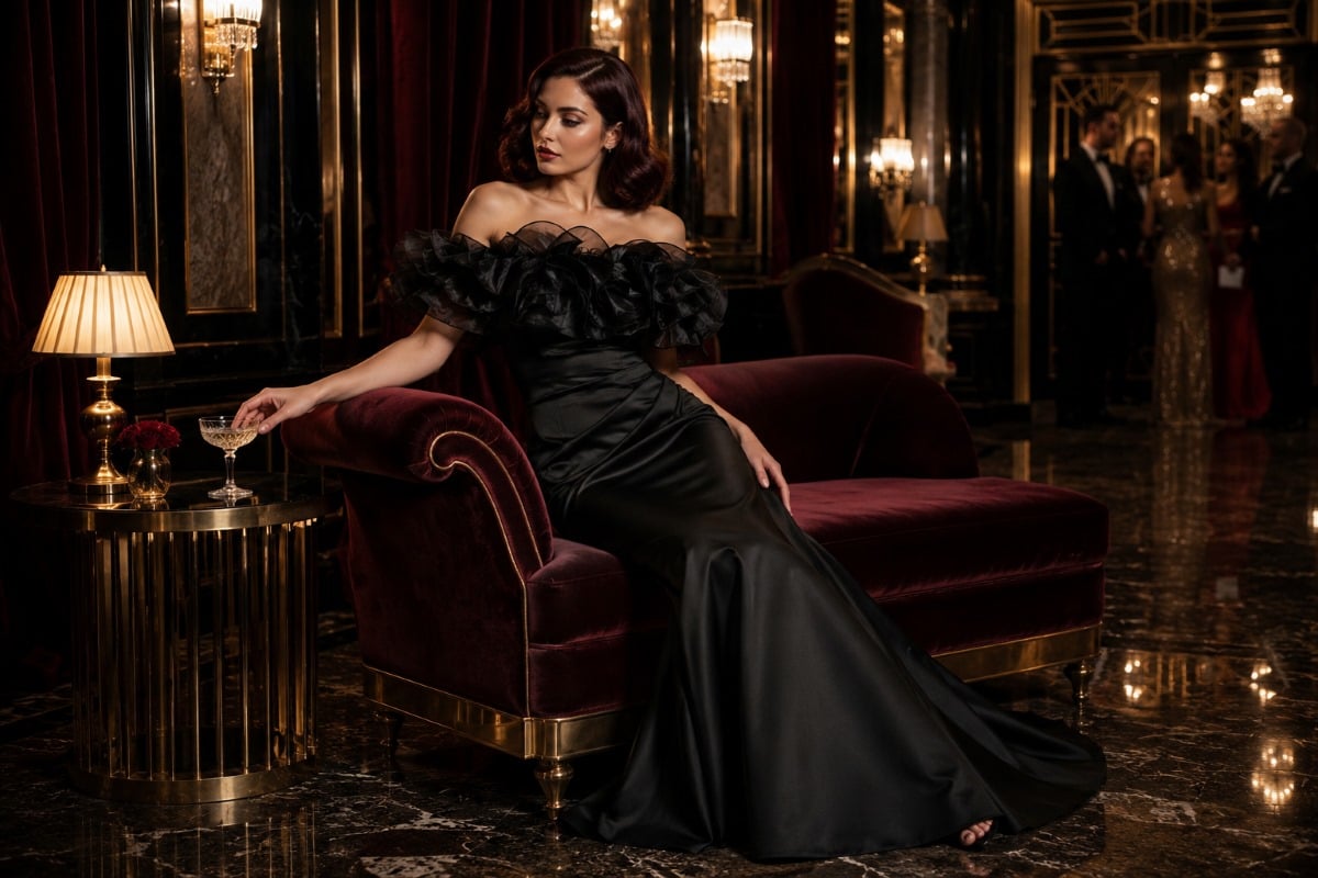 Black mermaid gown in Hollywood lounge