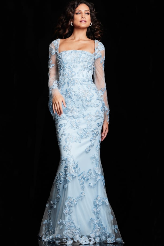Light Blue Long Sheer Sleeves Embellished Gown 220520 | Jovani