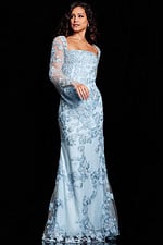 Model wearing Jovani 220520 light blue gown with square neckline and bell sleeves, side front view.