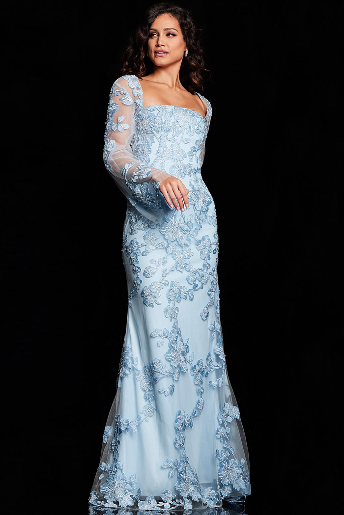 light blue dress with bell sleeves Light Blue Long Sheer Sleeves Embellished Gown 220520