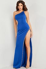 Model wearing Jovani 22222 royal gown featuring a one-shoulder design with embellishments and high slit, front view.