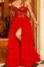 red beaded dress with teired skirt