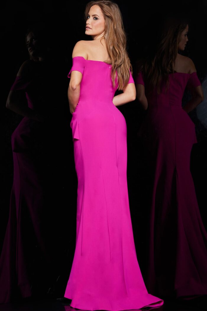 Model wearing Jovani 22251 fuchsia gown from the back.