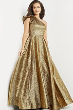Model wearing Jovani 22268 gold gown, full length with A-line silhouette, front view.