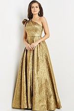 Model wearing Jovani 22268 elegant gold gown with A-line skirt, front view.