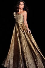 Model wearing Jovani 22268 gold gown with asymmetrical neckline, front view.