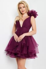 model wearing Jovani 22279 burgundy dress flaunting A-line silhouette with floral detail