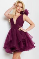 Jovani 22279 burgundy dress with V-neckline and volume detailing