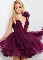 Close-up of Jovani 22279 burgundy dress with floral shoulder detail.