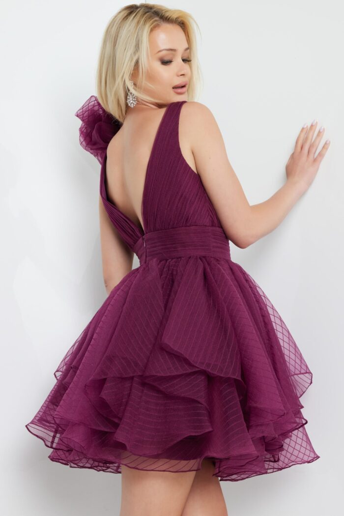 back view of Jovani 22279 burgundy dress showcasing layered texture