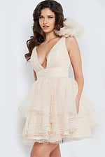 Model wearing Jovani 22279 beige dress with V-neckline and floral shoulder accent.