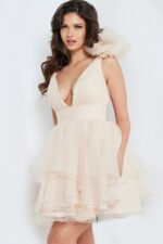 front view of Jovani 22279 beige dress with deep V-neck