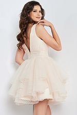 Back view of Jovani 22279 beige dress with deep V-back design.