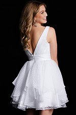Back view of Jovani 22279 ivory dress, showing deep V-shape.