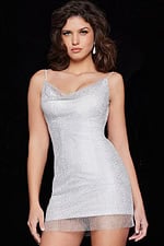 Model in Jovani 22295 white mini dress with cowl neckline.