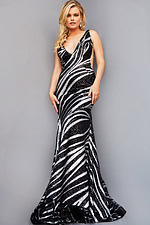 model wearing Jovani 22314 black and silver beaded gown front view