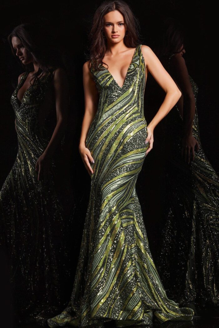 model wearing 22314 green sequin gown with V neckline