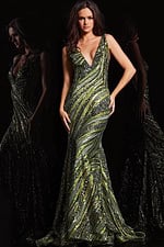Model wearing Jovani 22314 green sequin gown