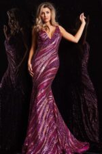 model wearing 22314 purple sequin gown from front